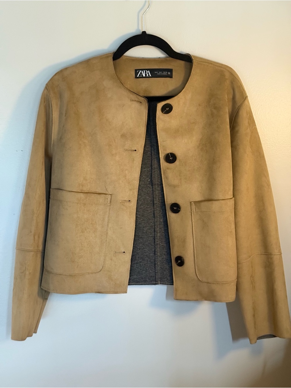 Zara Light Tan Collarless Suede Shirt Jacket